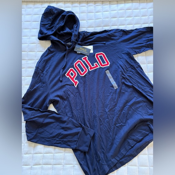 Polo by Ralph Lauren Men’s Blue Hoodie Long Sleeve Tee with Red Logo - Picture 1 of 3